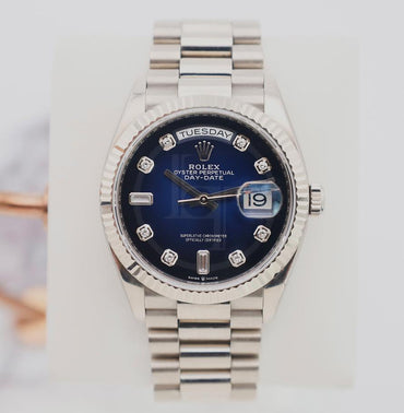 Rolex Day-Date 36 White Gold Blue Ombre Diamond Dial & Fluted Bezel President Bracelet 128239