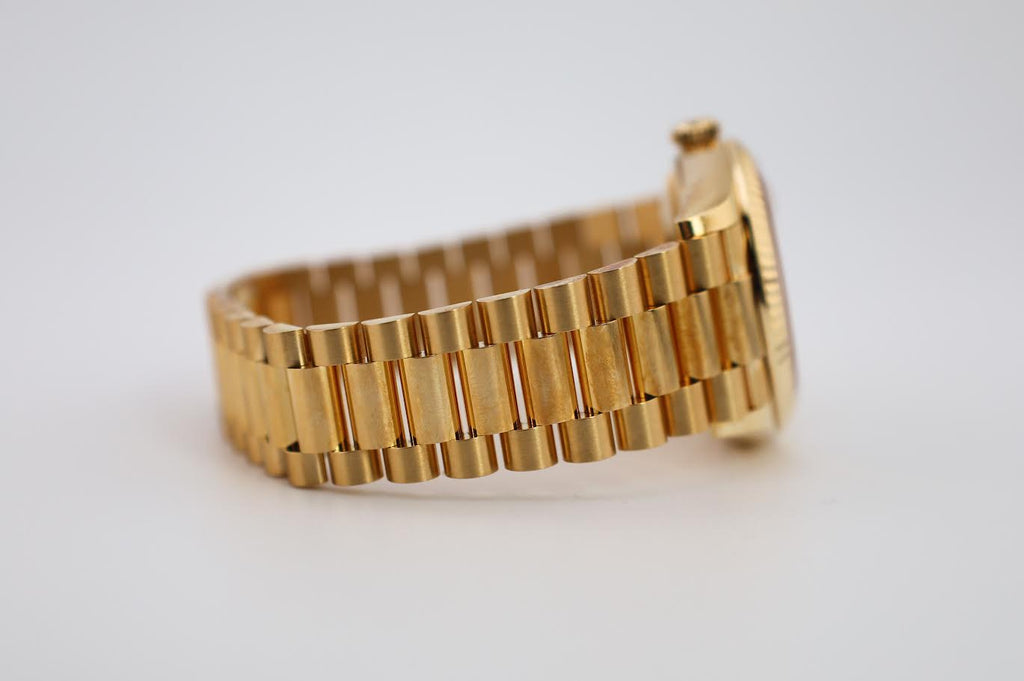 Rolex Yellow Gold Day-Date 36 Watch - Fluted Bezel - Mother-of-Pearl Diamond Dial - President Bracelet - 128238 mdp