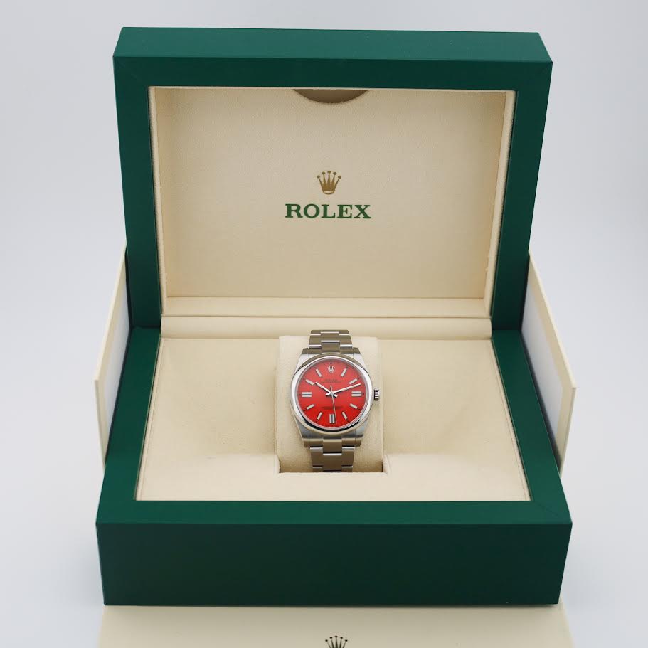 Rolex Oyster Perpetual 41 Watch - Domed Bezel - Coral Red Index Dial - Oyster Bracelet - 2020 Release - 124300 reio