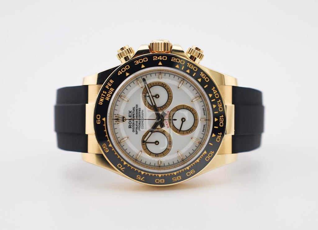 Rolex Yellow Gold Cosmograph Daytona Watch - Black Cerachrom Bezel - White Index Dial - Oysterflex Strap - 126518ln wiof