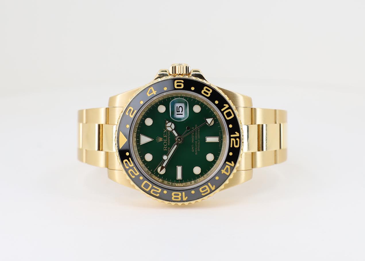 Rolex GMT-Master II Yellow Gold Green Dial Oyster Bracelet 116718LN