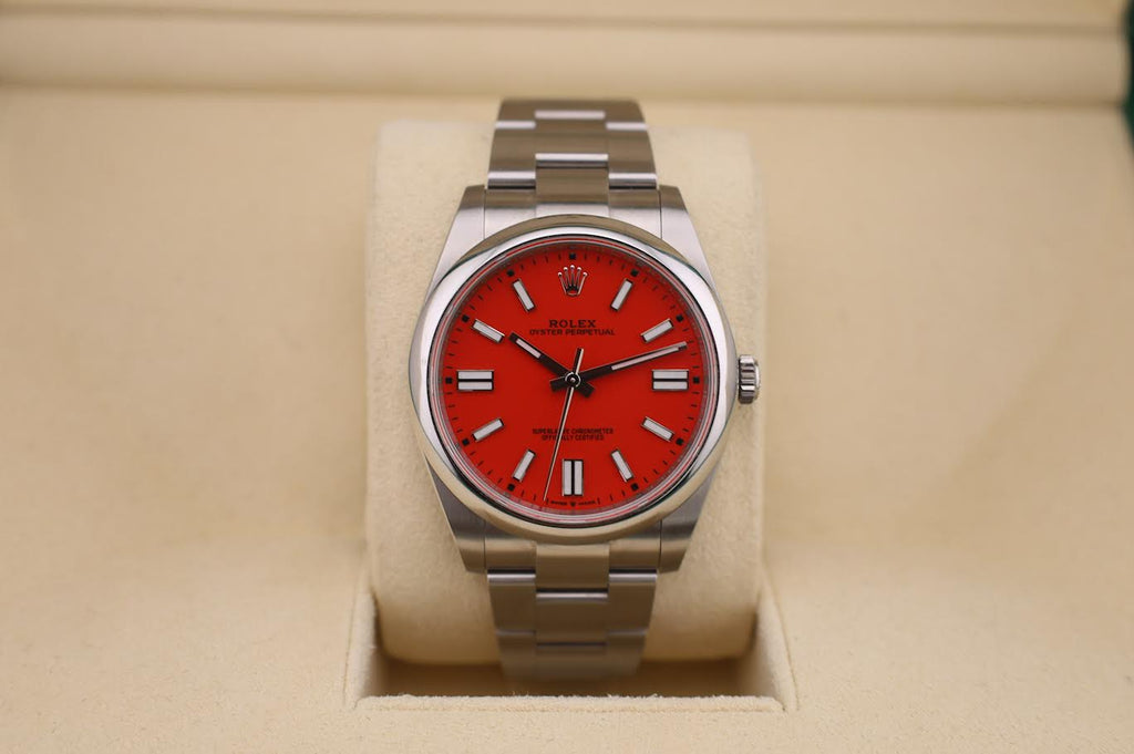 Rolex Oyster Perpetual 41 Watch - Domed Bezel - Coral Red Index Dial - Oyster Bracelet - 2020 Release - 124300 reio
