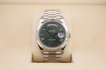 Rolex Day-Date 40 Platinum Olive Green Roman Dial & Smooth Bezel President Bracelet 228206 -