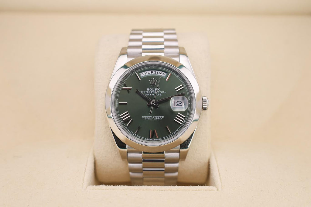 Rolex Day-Date 40 Platinum Olive Green Roman Dial & Smooth Bezel President Bracelet 228206 -