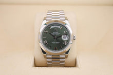 Load image into Gallery viewer, Rolex Day-Date 40 Platinum Olive Green Roman Dial &amp; Smooth Bezel President Bracelet 228206 -