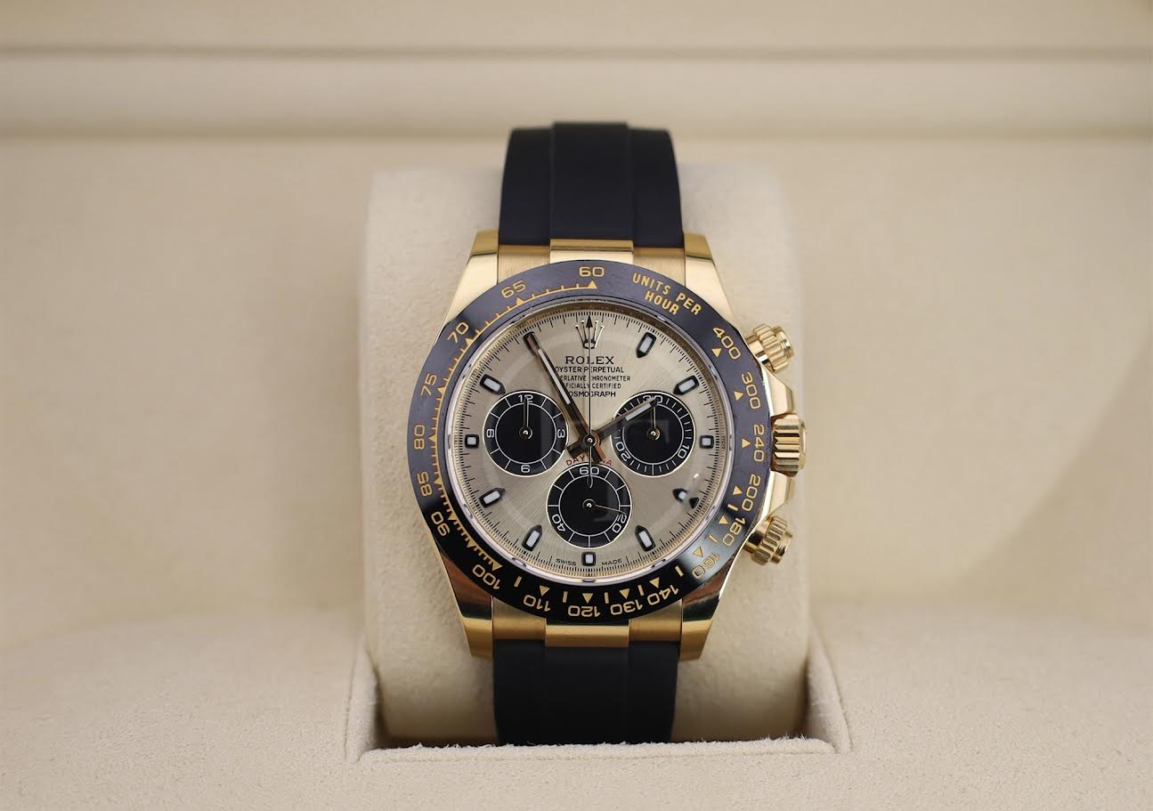 Rolex Daytona Yellow Gold Champagne/Black Index Dial Ceramic Bezel Oysterflex Rubber Bracelet 116518LN