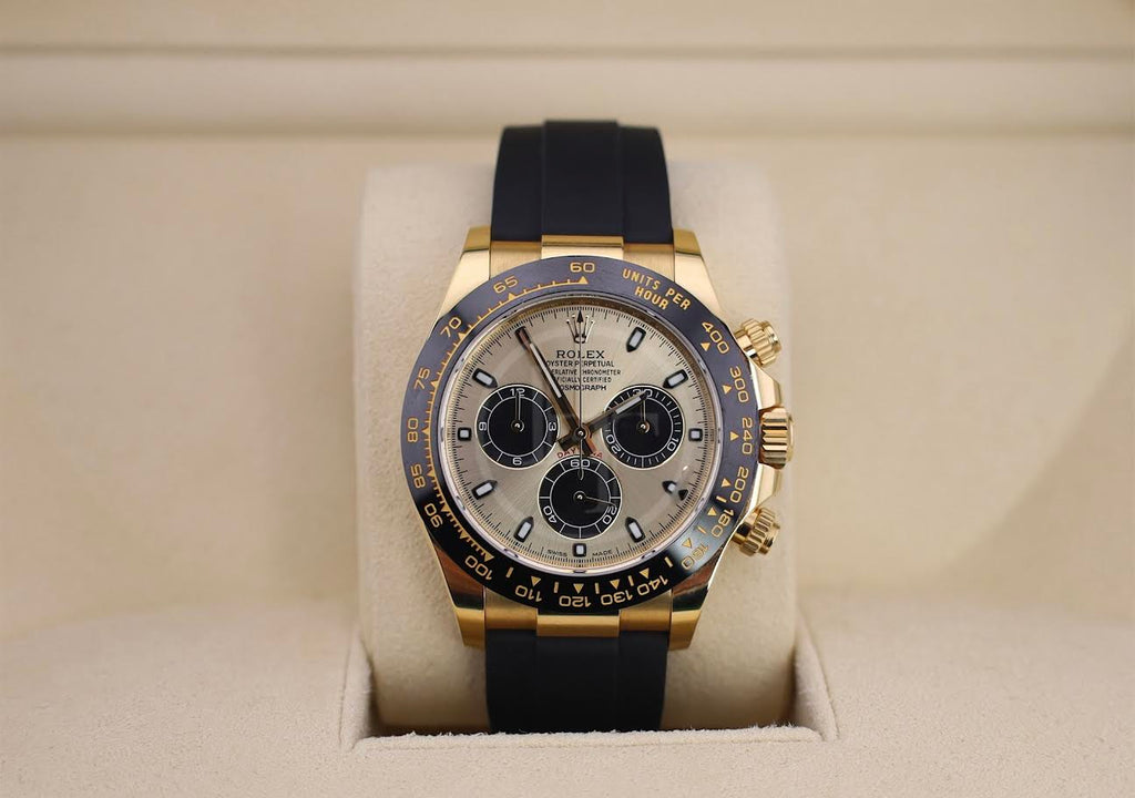 Rolex Daytona Yellow Gold Champagne/Black Index Dial Ceramic Bezel Oysterflex Rubber Bracelet 116518LN