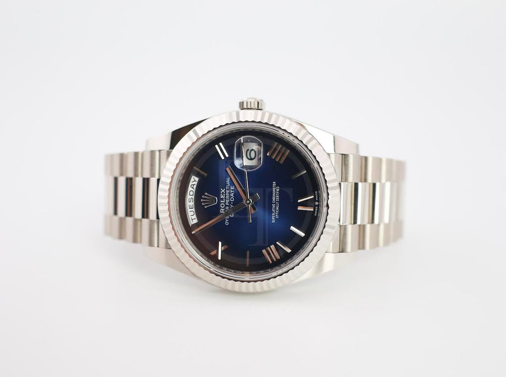 Rolex Day-Date 40 40mm Blue Ombré Dial Fluted Bezel President Bracelet - 228239 | 2024 Model
