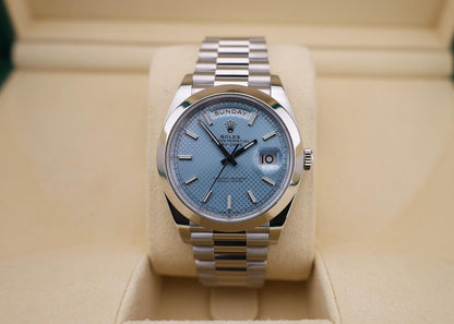 Rolex Day-Date 40 Platinum Ice Blue Diagonal Motif Dial & Smooth Bezel President Bracelet 228206 -