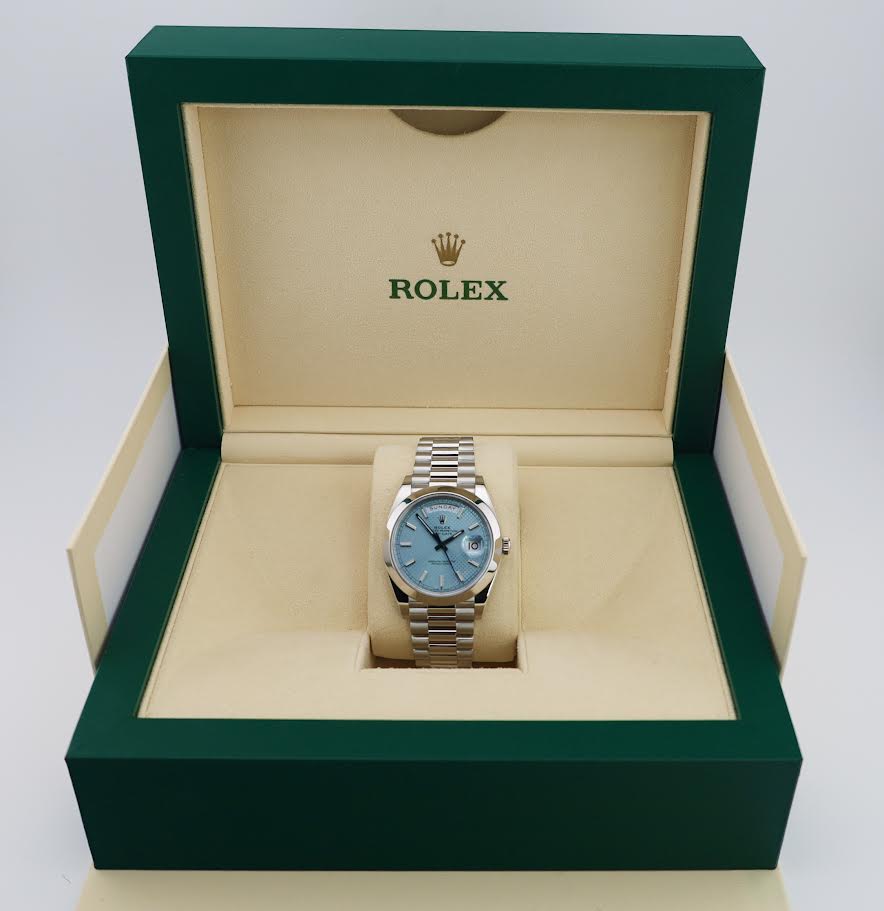 Rolex Day-Date 40 Platinum Ice Blue Diagonal Motif Dial & Smooth Bezel President Bracelet 228206 -