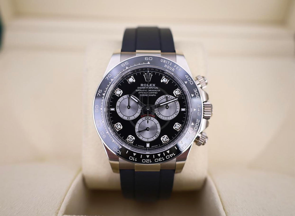 Rolex White Gold Cosmograph Daytona Watch - Black Cerachrom Bezel - Black And Steel Diamond Dial - Oysterflex Strap - 126519ln bkstdof