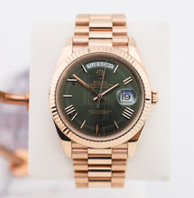 Load image into Gallery viewer, Rolex Day-Date 40 Rose Gold Olive Green Roman Dial &amp; Fluted Bezel President Bracelet 228235 -