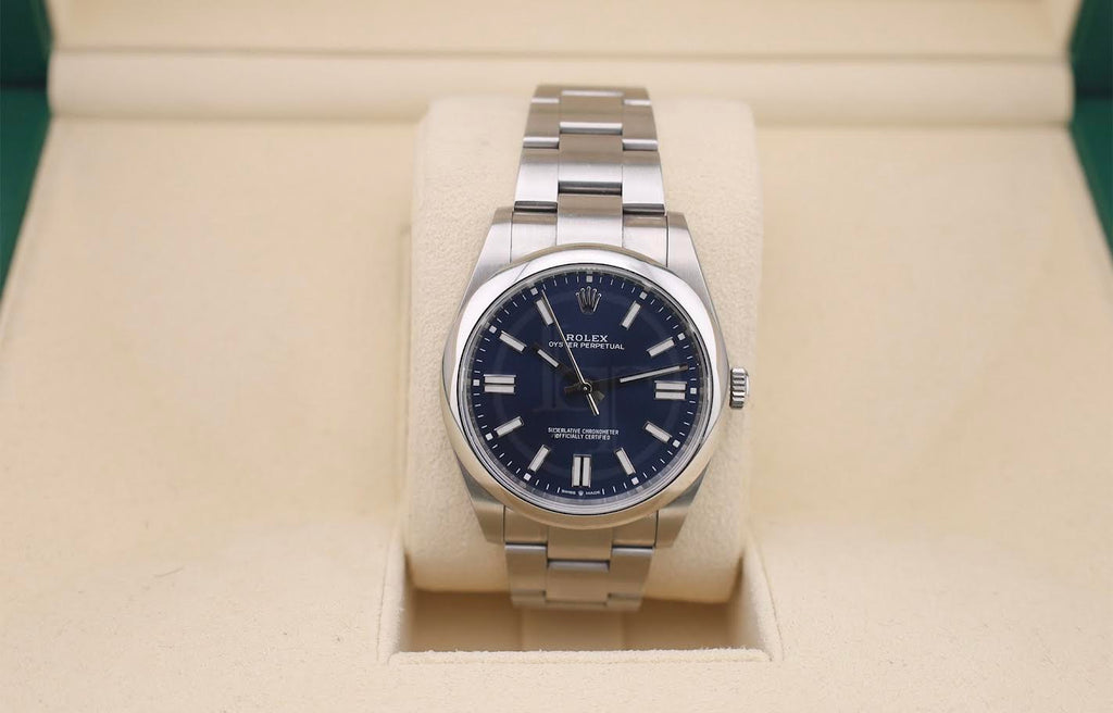Rolex Oyster Perpetual 41 Watch - Domed Bezel - Blue Index Dial - Oyster Bracelet - 2020 Release - 124300 bluio