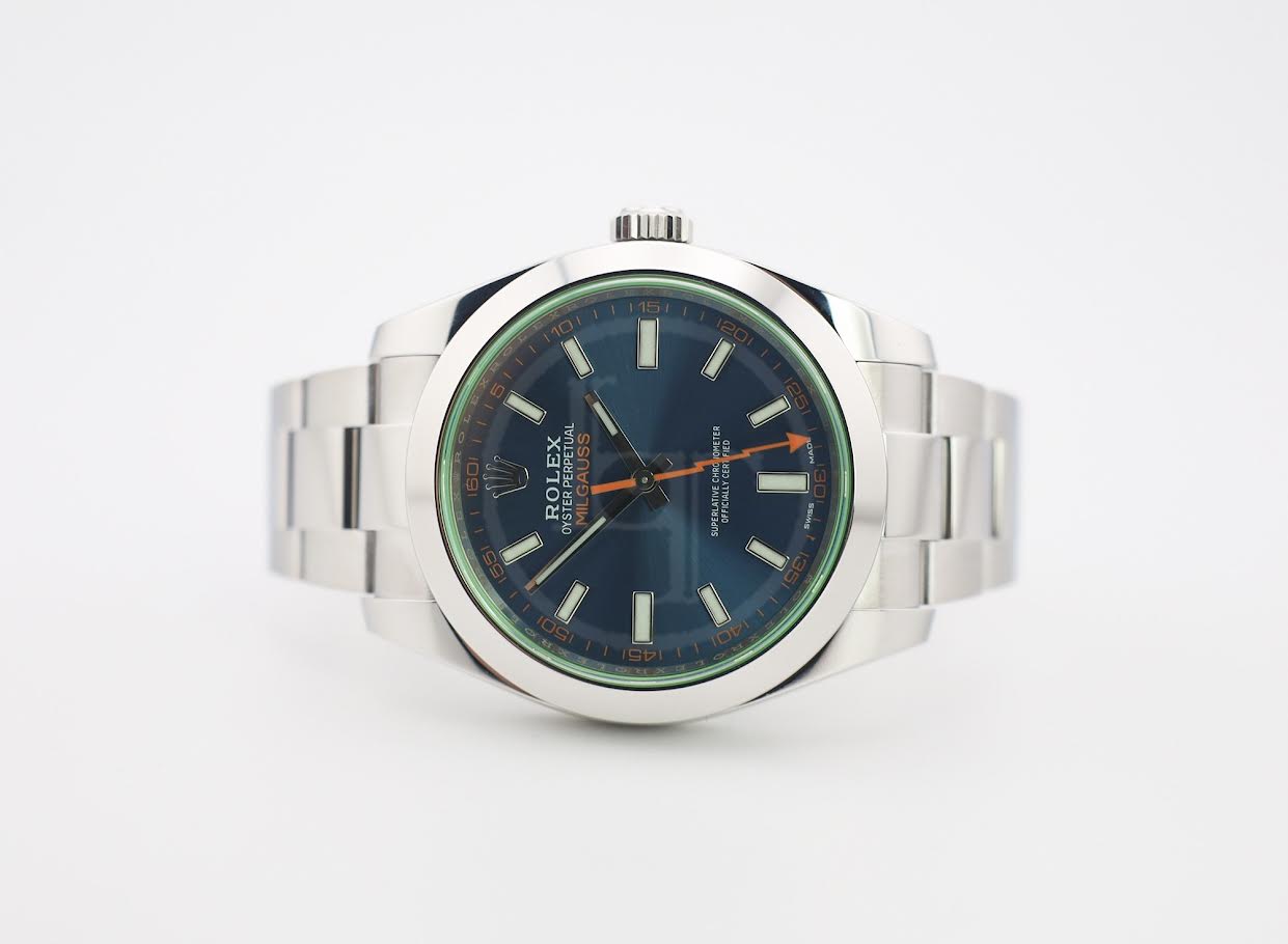 Rolex Milgauss Green Crystal Stainless Steel Blue Dial & Bezel Oyster Bracelet 116400GV