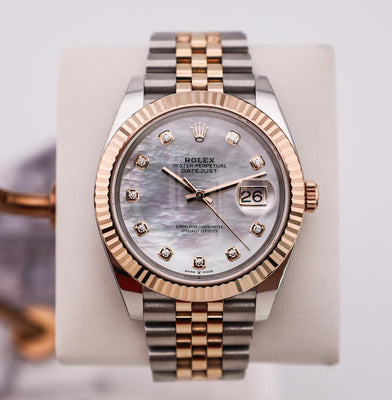 Rolex Datejust 41 Rose Gold/Steel White Mother of Pearl Diamond Dial Fluted Bezel Jubilee Bracelet 126331 -