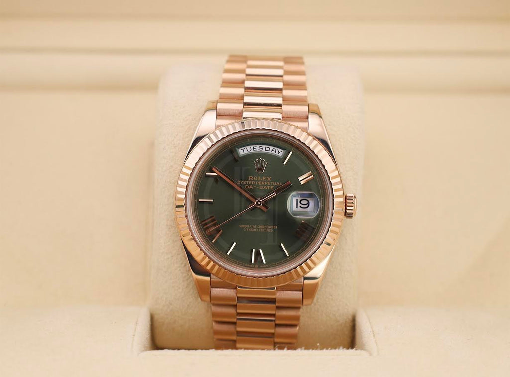 Rolex Day-Date 40 Rose Gold Olive Green Roman Dial & Fluted Bezel President Bracelet 228235 -