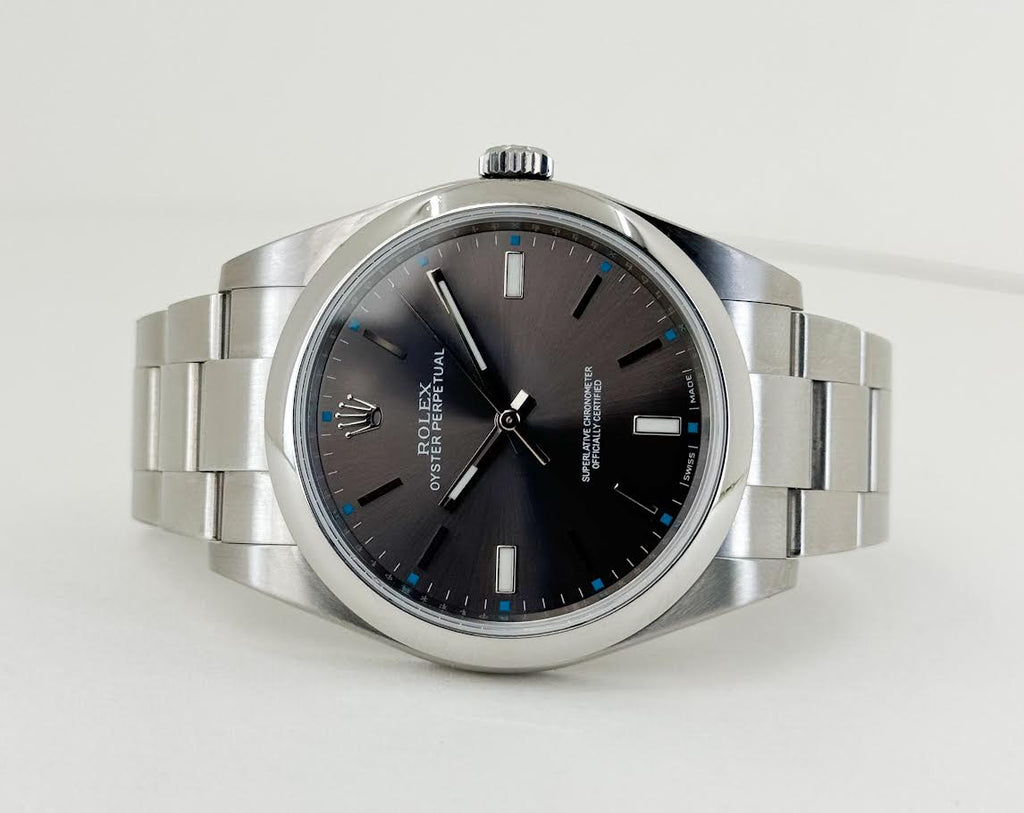 Rolex Steel Oyster Perpetual 39 Watch - Domed Bezel - Dark Rhodium Index Dial - 114300 drio