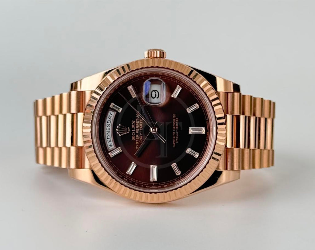 Rolex Day-Date 40 Rose Gold Chocolate Diamond Dial & Fluted Bezel President Bracelet 228235 -