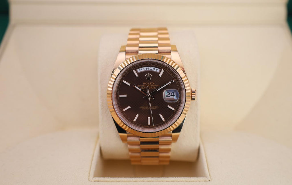 Rolex Day-Date 40 Rose Gold Chocolate Diagnonal Motif Index Dial & Fluted Bezel President Bracelet 228235 -