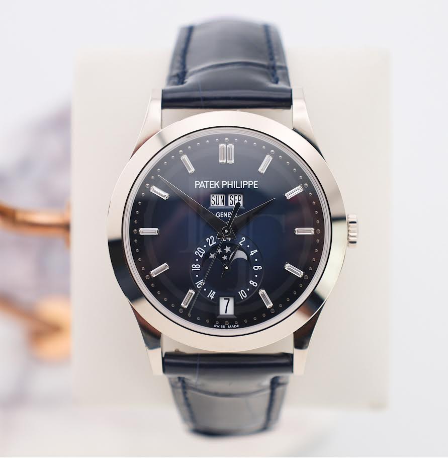 Patek Philippe Complications Annual Calendar Moon Phases White Gold Blue Baguette Diamond Dial | 5396G-017