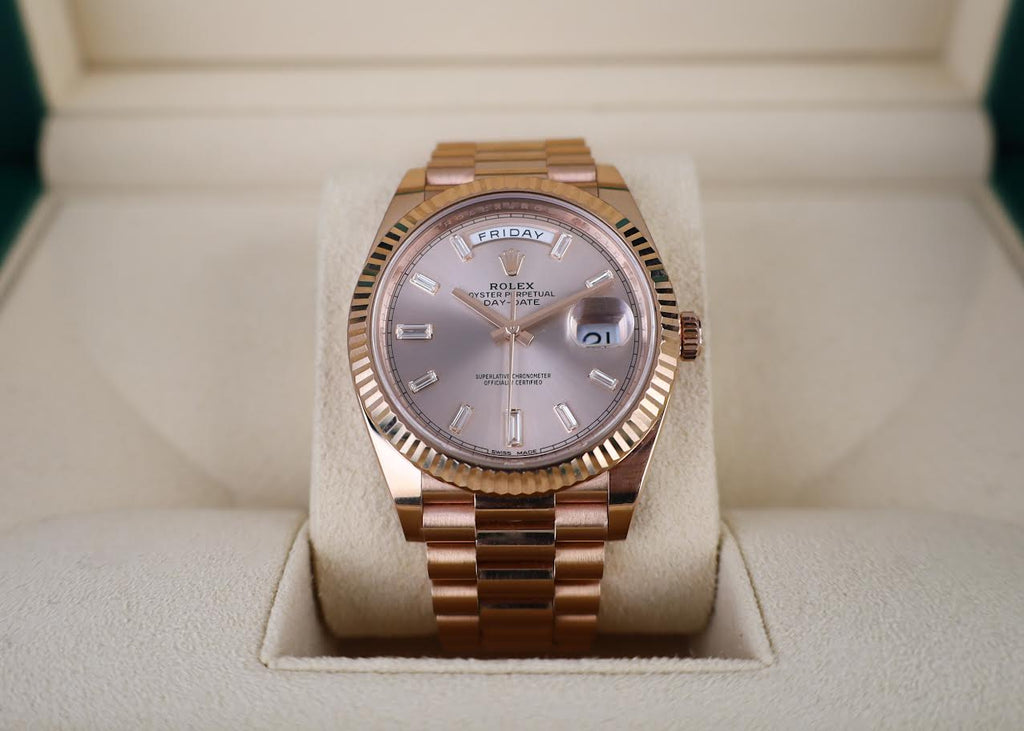 Rolex Day-Date 40 Rose Gold Sundust Diamond Dial & Fluted Bezel President Bracelet 228235 -