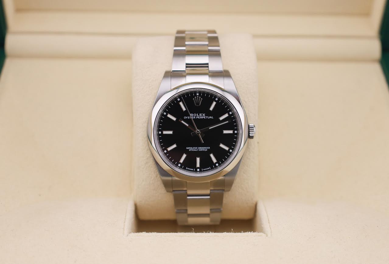 Rolex Steel Oyster Perpetual 39 Watch - Domed Bezel - Black Index Dial - 114300