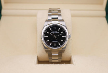 Rolex Steel Oyster Perpetual 39 Watch - Domed Bezel - Black Index Dial - 114300