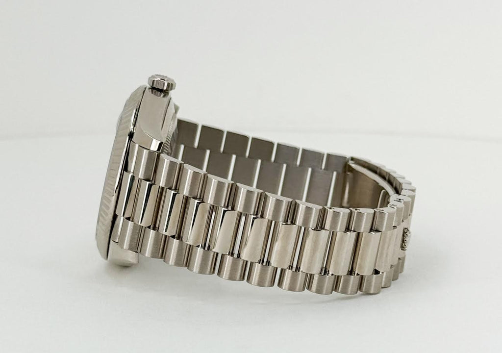 Rolex White Gold Day-Date 40 Watch - Fluted Bezel - Meteorite Baguette Diamond Dial - President Bracelet - 228239 mtdp