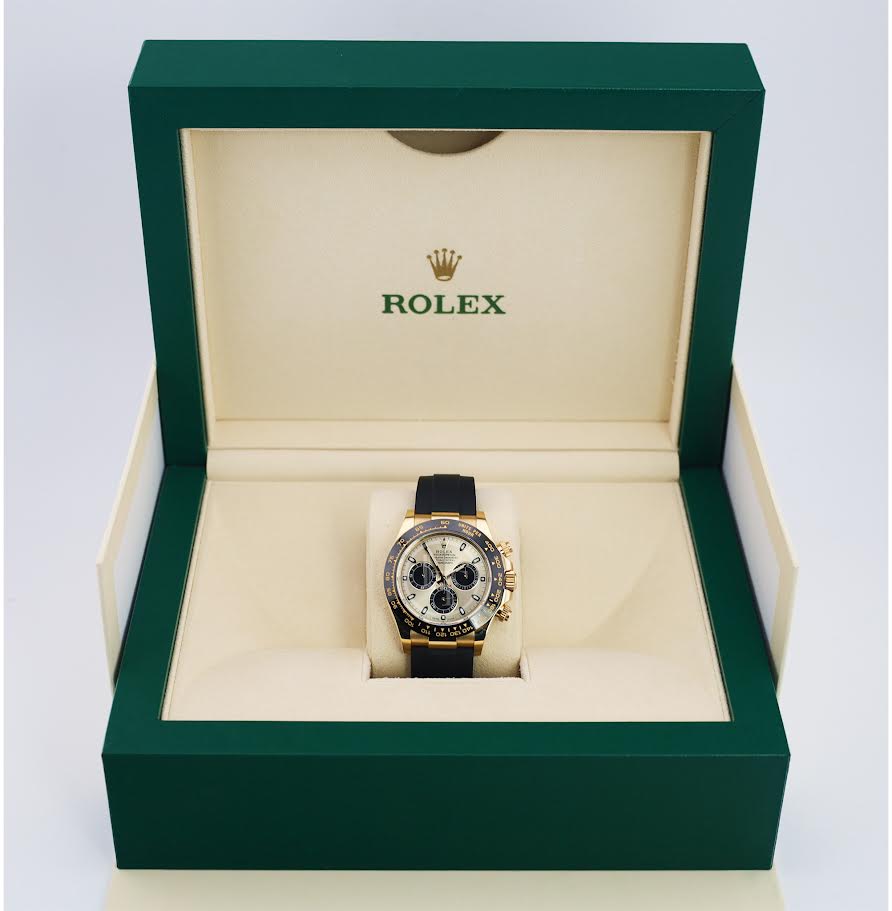 Rolex Daytona Yellow Gold Champagne/Black Index Dial Ceramic Bezel Oysterflex Rubber Bracelet 116518LN
