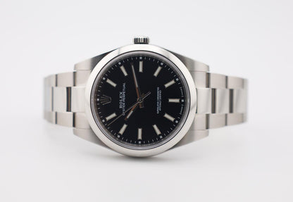 Rolex Steel Oyster Perpetual 39 Watch - Domed Bezel - Black Index Dial - 114300