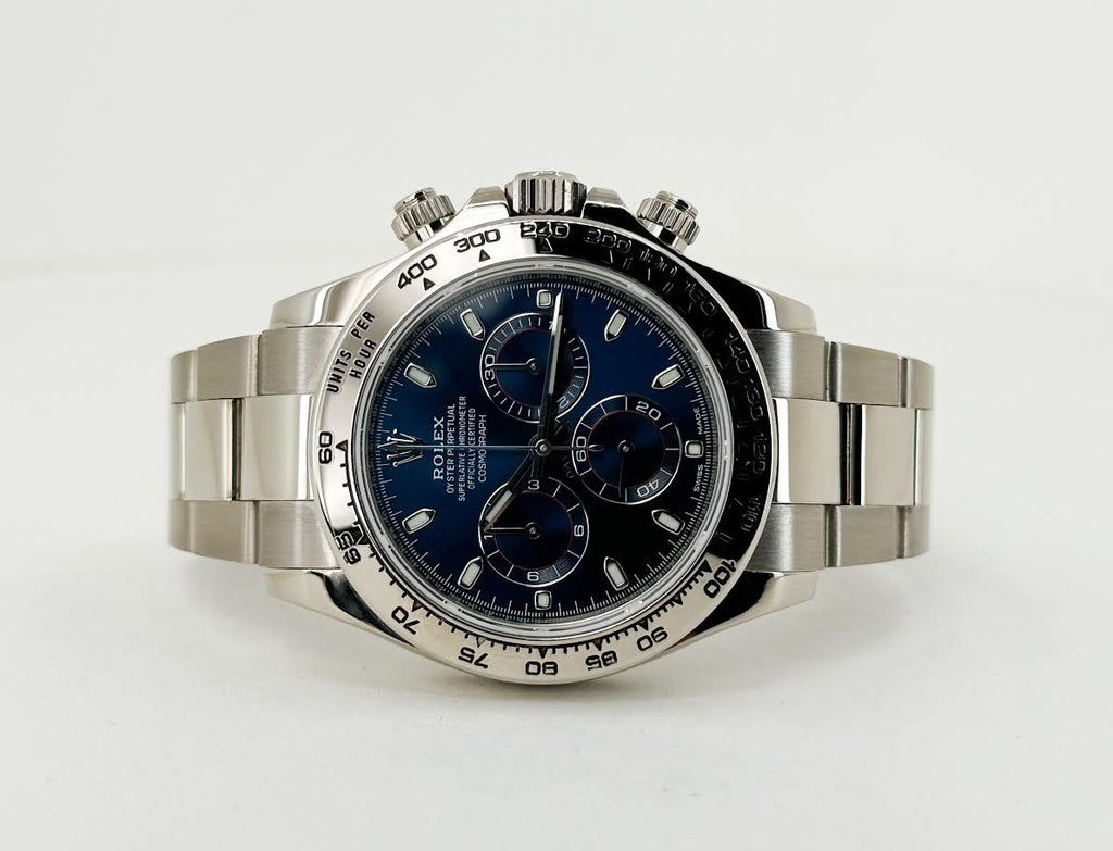 Rolex Daytona White Gold Blue Index Dial White Gold Bezel Oyster Bracelet 116509