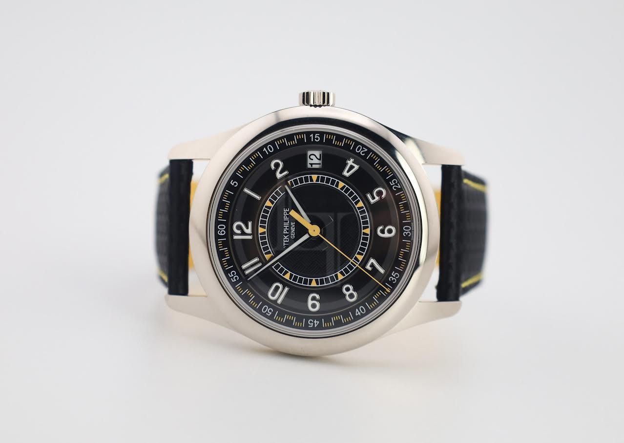 Patek Philippe Calatrava Date Sweep Seconds White Gold Black Carbon Motif Yellow Dial | 6007G-001