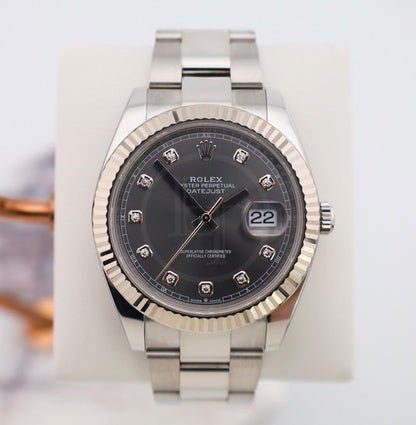 Rolex Datejust 41 White Gold/Steel Dark Rhodium Diamond Dial Fluted Bezel Oyster Bracelet 126334 -