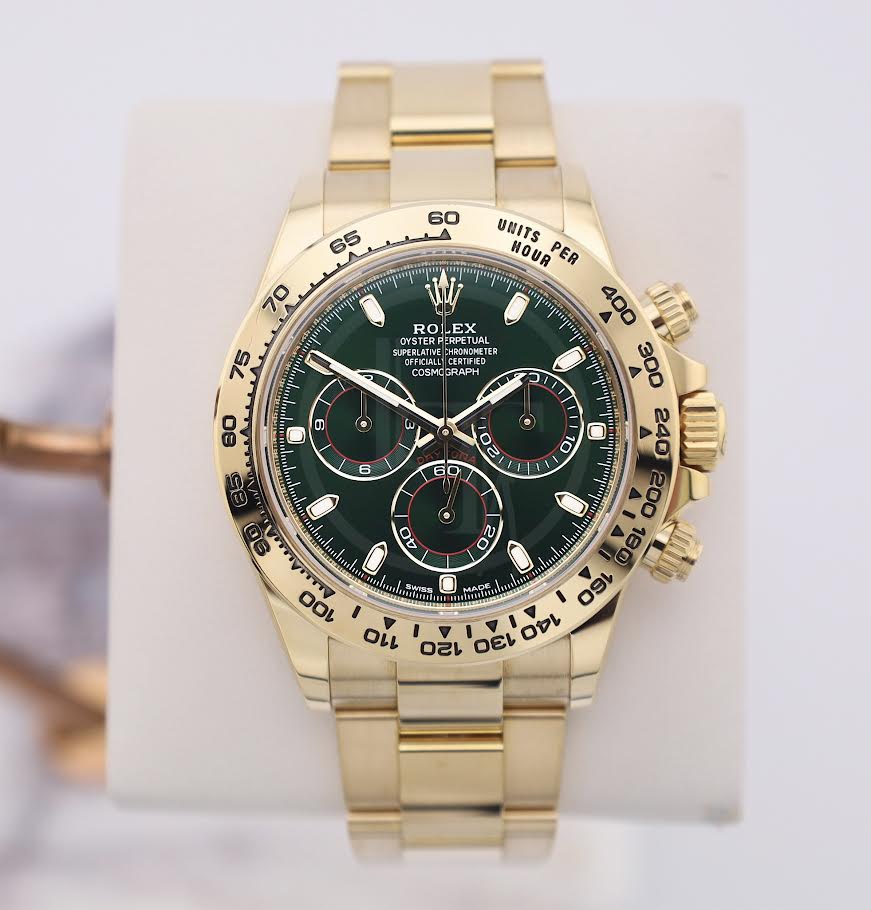 Rolex Daytona Yellow Gold Green Index Dial Yellow Gold Bezel Oyster Bracelet 116508