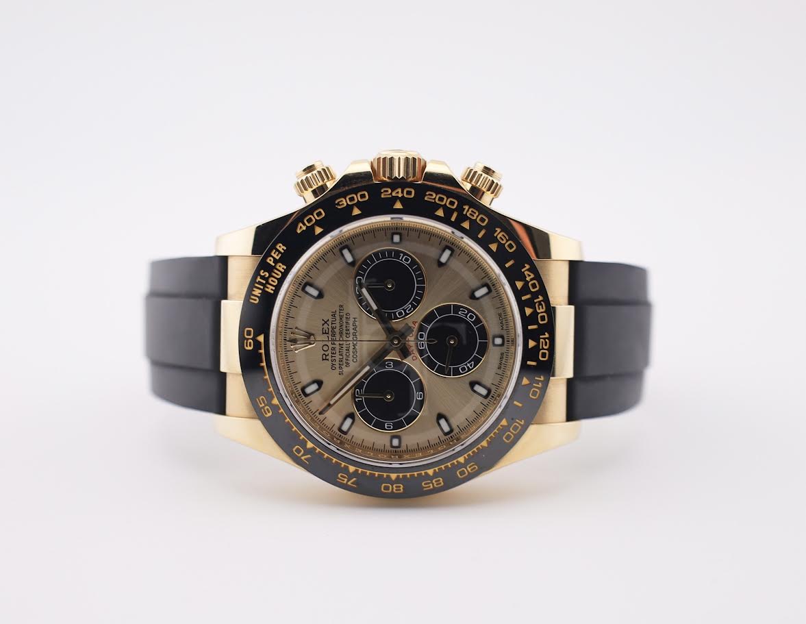 Rolex Daytona Yellow Gold Champagne/Black Index Dial Ceramic Bezel Oysterflex Rubber Bracelet 116518LN