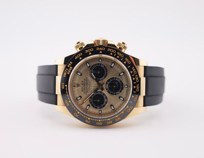 Rolex Daytona Yellow Gold Champagne/Black Index Dial Ceramic Bezel Oysterflex Rubber Bracelet 116518LN