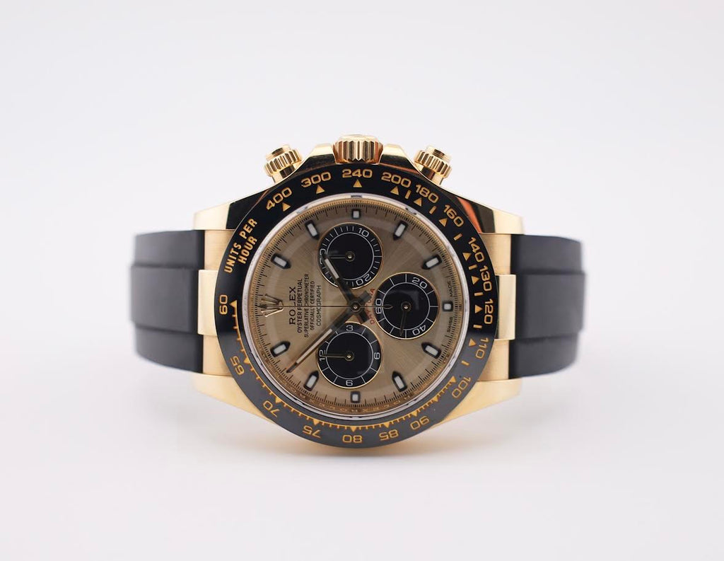 Rolex Daytona Yellow Gold Champagne/Black Index Dial Ceramic Bezel Oysterflex Rubber Bracelet 116518LN