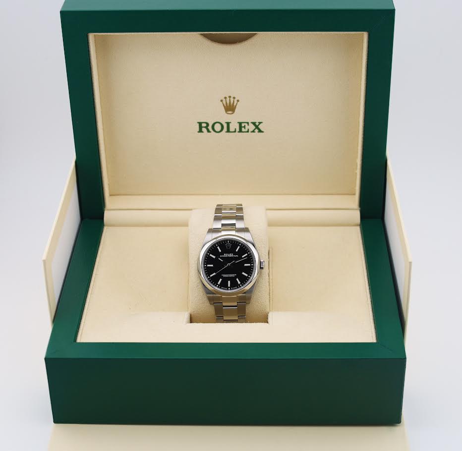 Rolex Steel Oyster Perpetual 39 Watch - Domed Bezel - Black Index Dial - 114300