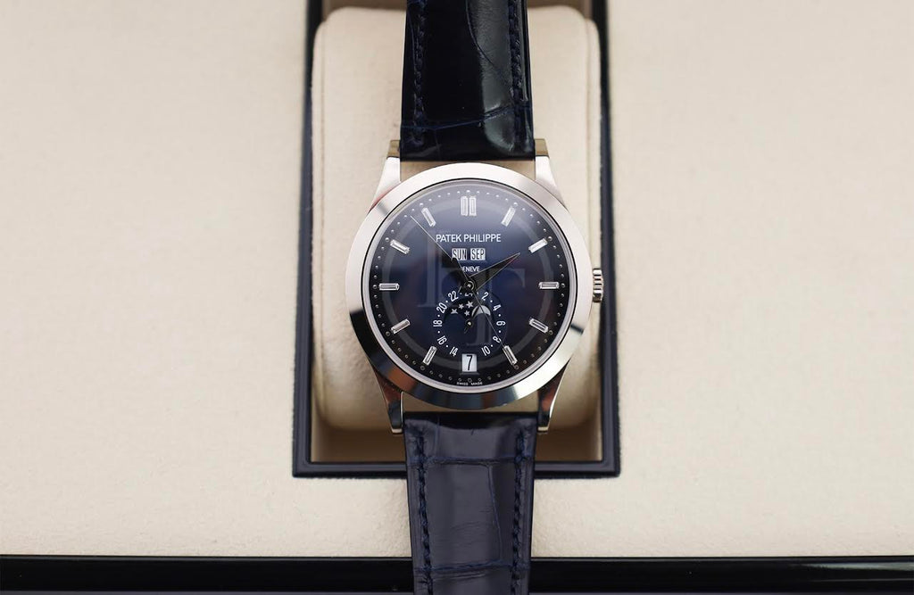 Patek Philippe Complications Annual Calendar Moon Phases White Gold Blue Baguette Diamond Dial | 5396G-017