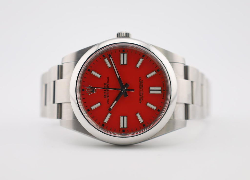 Rolex Oyster Perpetual 41 Watch - Domed Bezel - Coral Red Index Dial - Oyster Bracelet - 2020 Release - 124300 reio
