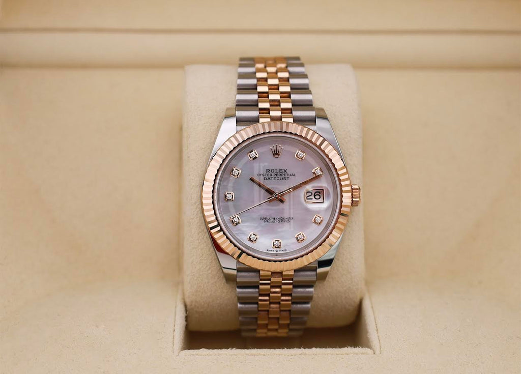 Rolex Datejust 41 Rose Gold/Steel White Mother of Pearl Diamond Dial Fluted Bezel Jubilee Bracelet 126331 -