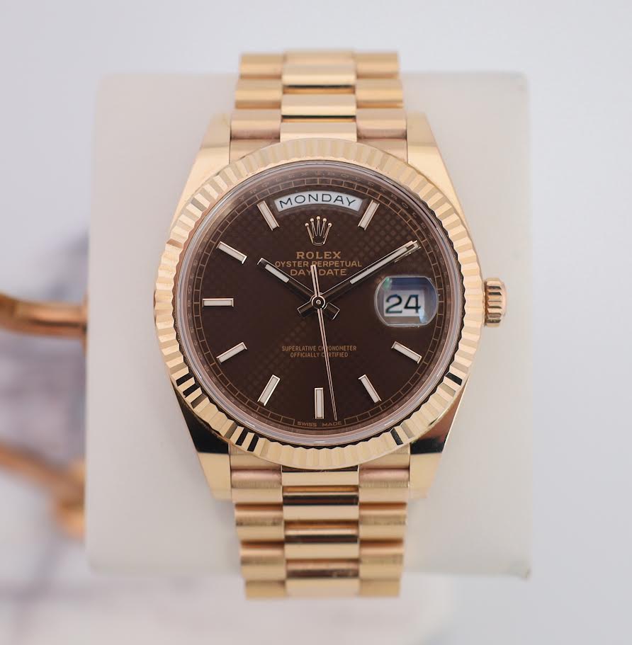 Rolex Day-Date 40 Rose Gold Chocolate Diagnonal Motif Index Dial & Fluted Bezel President Bracelet 228235 -