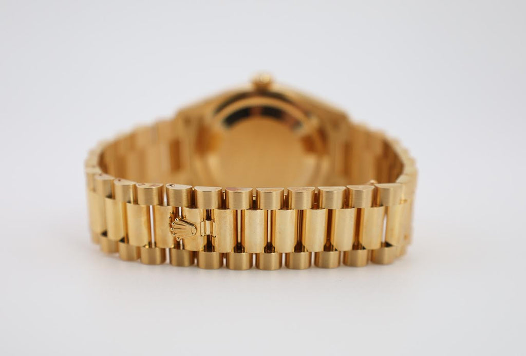 Rolex Yellow Gold Day-Date 36 Watch - Fluted Bezel - Mother-of-Pearl Diamond Dial - President Bracelet - 128238 mdp