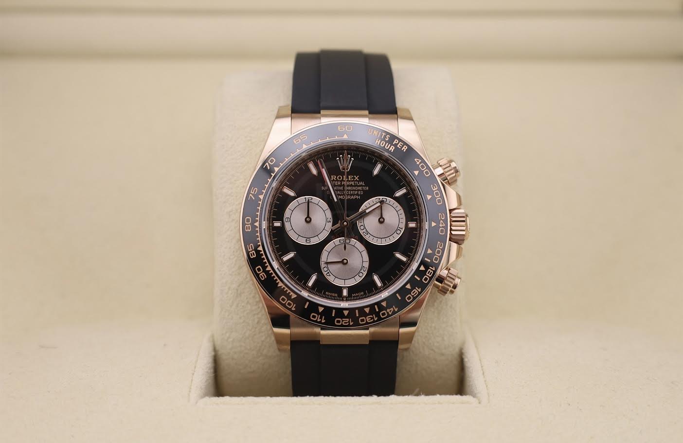 Rolex Daytona Rose Gold Bright Black/Sundust Dial Oysterflex Rubber Bracelet - 126515LN