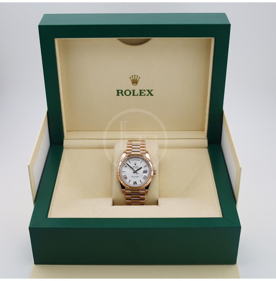 Rolex Day-Date 40 Rose Gold White Roman Dial & Fluted Bezel President Bracelet 228235 -