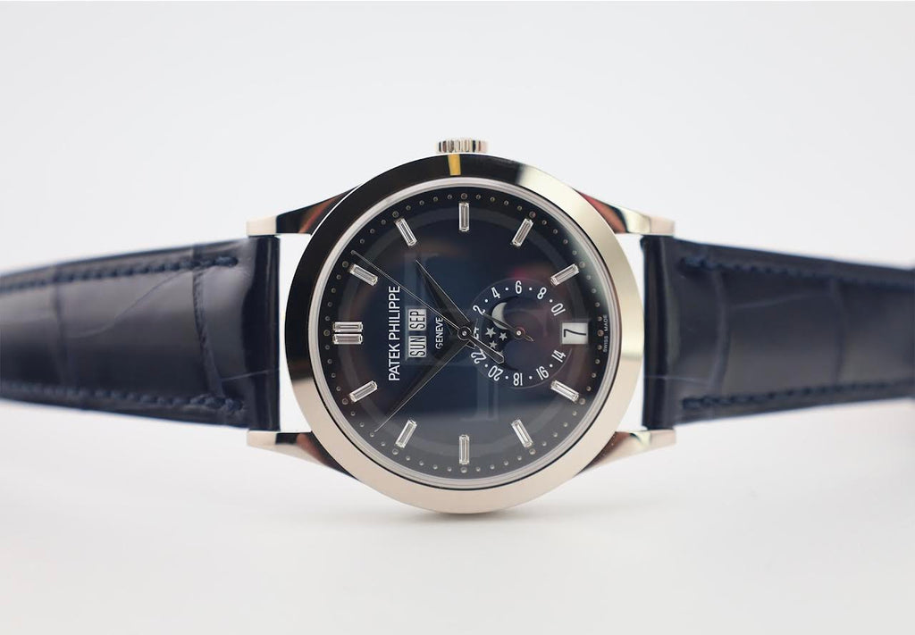 Patek Philippe Complications Annual Calendar Moon Phases White Gold Blue Baguette Diamond Dial | 5396G-017