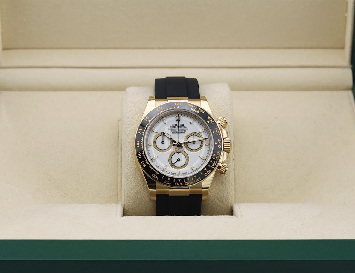 Rolex Yellow Gold Cosmograph Daytona Watch - Black Cerachrom Bezel - White Index Dial - Oysterflex Strap - 126518ln wiof