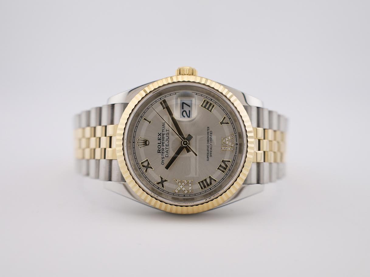 Rolex Datejust 36 Yellow Gold/Steel Silver Roman Diamond VI Dial & Fluted Bezel Jubilee Bracelet 126233