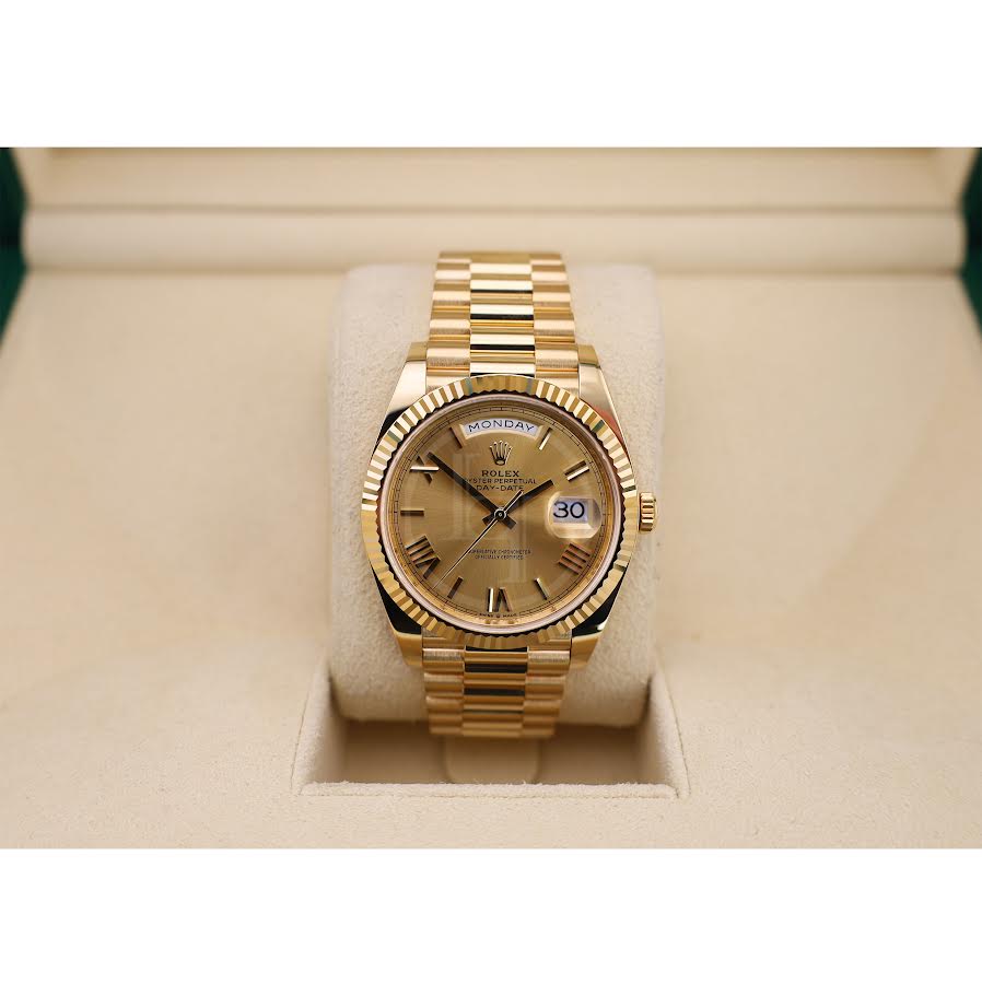 Rolex Day-Date 40 Yellow Gold Champagne Roman Dial & Fluted Bezel President Bracelet 228238 -