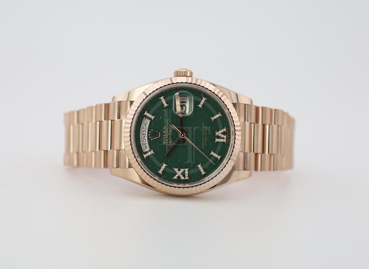 Rolex Day-Date 36 mm President Rose Gold Green Aventurine Diamond Dial Fluted Bezel - 128235